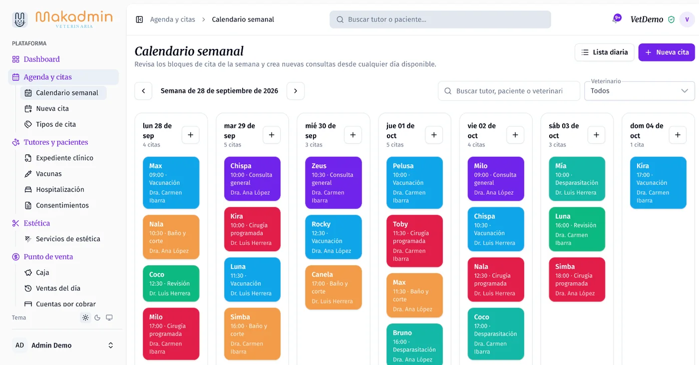 Calendario semanal de citas con colores por tipo de servicio