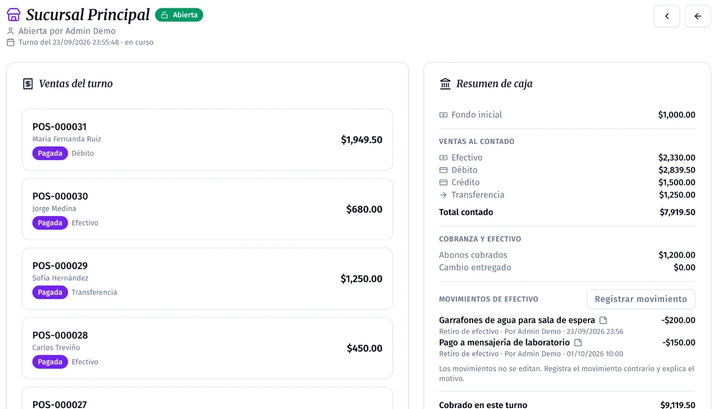 Resumen de caja con ventas por forma de pago y movimientos de efectivo