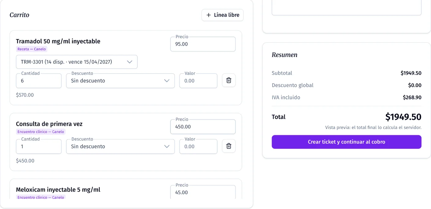 Ticket armado con los cargos de la consulta y el resumen con IVA incluido