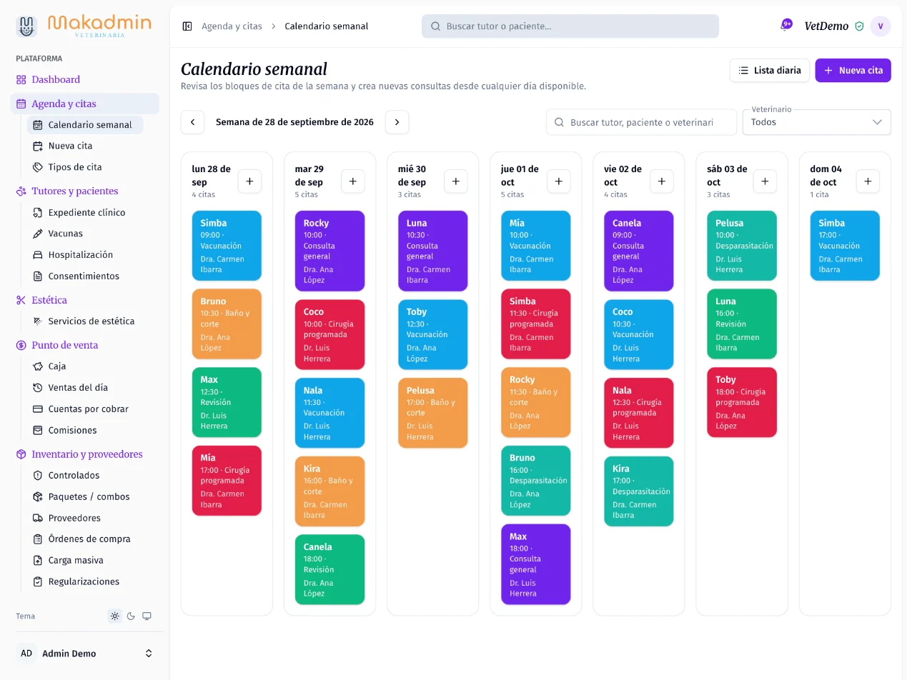 Makadmin en tablet: calendario semanal de citas